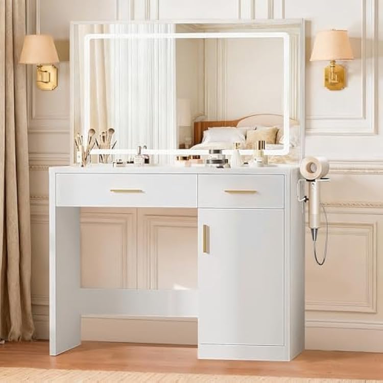 Vanity Desk with Mirror and Lights, Makeup Vanity Table with Power Outlets, 2 Storage Drawers & Large Cabinet, 3 Color Light Modes, Dressing Table for Bedroom, White