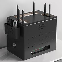WiFi Router Desktop Storage Box, Power Strip Cord Organizer, Metal Cable Management Hider Boxs with Remote Control Storage Box, WiFi Cabinet to Hide Router and Modem(Black)