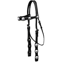 Showman Horse Leather Browband Headstall with Engraved Silver Conchos and 5' Long Leather Split Reins (Black)