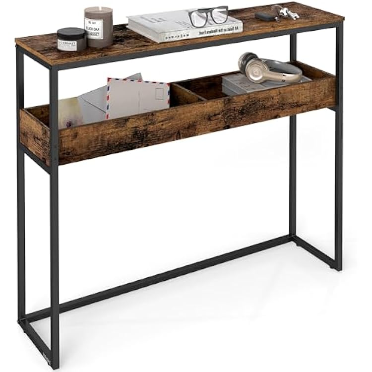 VASAGLE 2-Tier Entryway Table, Narrow Console Table, Semi-Open Compartments, 9.4 x 39.4 x 31.5 Inches, for Hallway, Living Room, Rustic Brown and Ink Black ULNT091K01