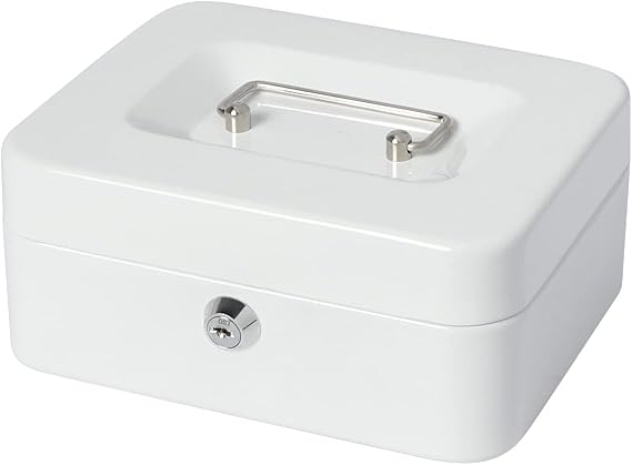 Small Cash Box with Money Tray and Lock, Lovndi Metal Money Box for Cash, Lockbox 7.87 x 6.3 x 3.54 Inches, White