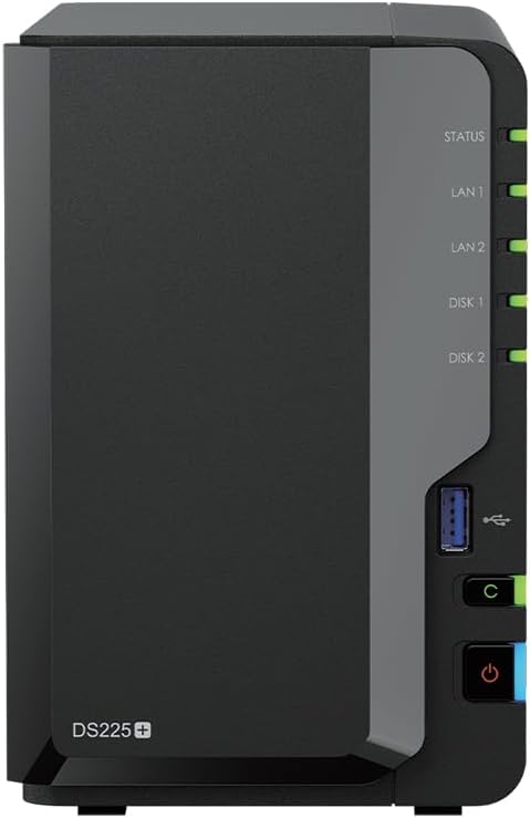 Synology DS225+ 8TB (Synology HAT33) 2-bay Plus series - Intel Celeron J4125 quad-core, 2GB non-ECC DDR4 SODIMM upgradable to 6GB using D4NS01-4G. 1 x 2.5GbE and 1 x 1GbE RJ-45 LAN port
