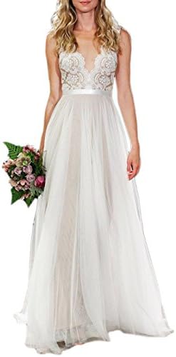 Beach Wedding Dresses for Bride Sleeveless A-Line Lace Applique Prom Gown Ivory US10