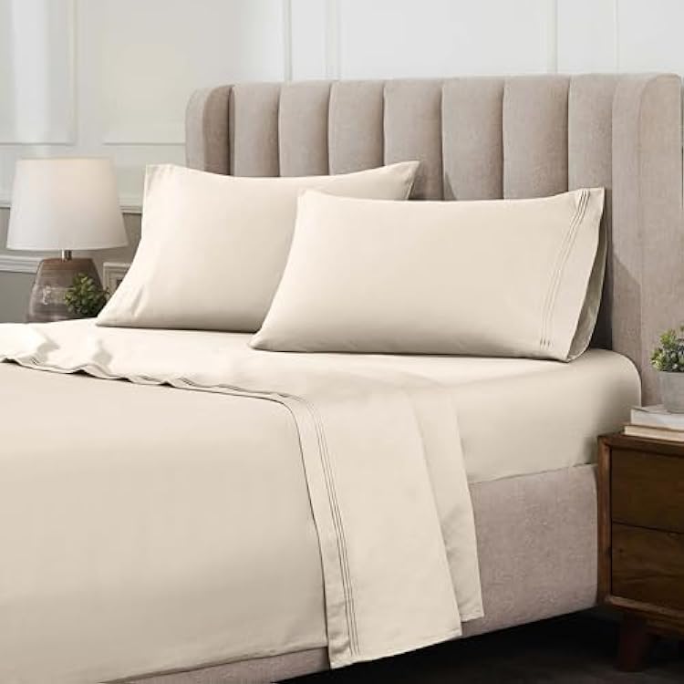 Superior Egyptian Cotton 4 Piece Sheet Set, Luxury 1500 Thread Count, Modern Design, Sustainable Sheets, Ultra-Soft Basics, Solid, Deep Pocket Fitted Sheet, Flat Sheet, Pillowcases, King, Ivory
