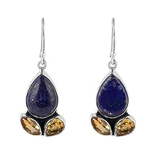 Natural Lapis Lazuli & Citrine Gemstone Earrings, 925 Sterling Silver Designer Jewelry, Handmade Boho Earrings, Statement Gift for Women