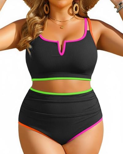 Women Plus Size High Waisted Bikini - Ribbed Two Piece Swimsuit Tummy Control Bathing Suit V-Wired 2025 Swimwear
