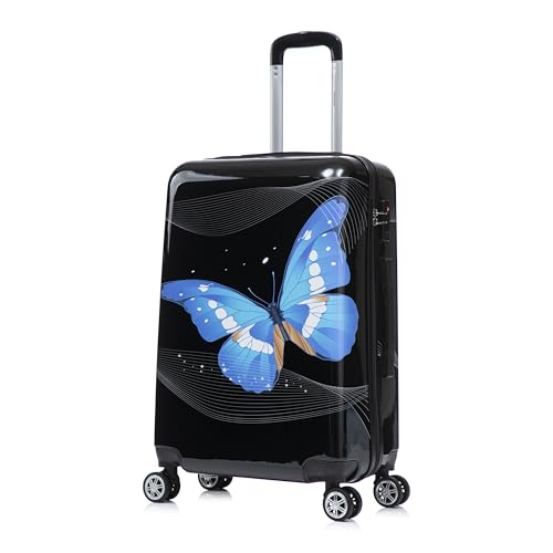 InUSA Black Butterfly Print Luggage with Spinner Wheels | Durable Lightweight Hardside Suitcase | Travel Bag with Handle and Trolley | 24-Inch Medium Checked luggage