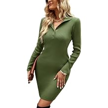 VintageClothing Womens Sweater Dress Long Sleeve Bodycon Casual Fall Dress V Neck Ribbed Knit Short Dresses