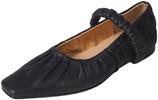 Wrinkled Leather Mary Jane Flats for Women Pointed Toe Ballet Flats Stretch Band Slip On Dress Ballerina Flats Shallow Casual Shoes