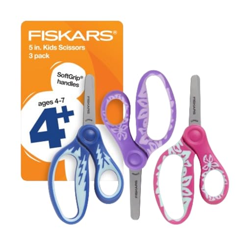 Fiskars 5 SoftGrip Blunt-Tip Scissors for Kids Ages 4-7 3-Pack, Scissors for School or Crafting, Back to School Supplies, Blue, Purple, and Pink Designs