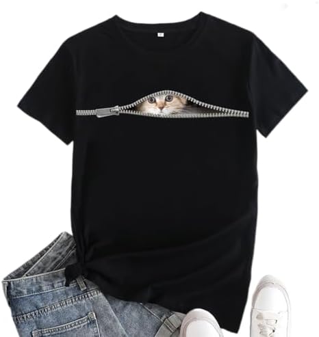 Womens Cute Cat Print Short Sleeve Crew Neck T-Shirt for Summer Casual Loose Solid Color Tee Shirts Tops