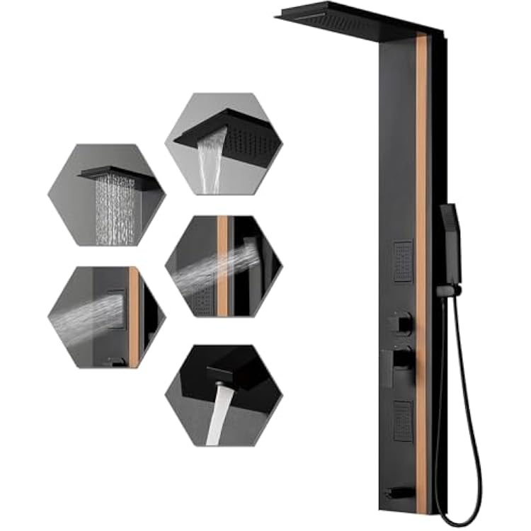 BWE Shower Tower Bathroom Shower Panel System Stainless Steel Multi-Function Shower Panel with Rainfall Waterfall Shower Head Massage Jets Tub Spout, Black