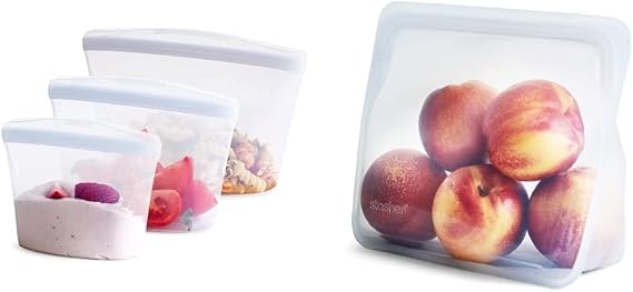 Stasher Silicone Reusable Storage Bag, Bundle 3-Pack Bowls (Clear) & Silicone Reusable, Stand-Up Mid (Clear)