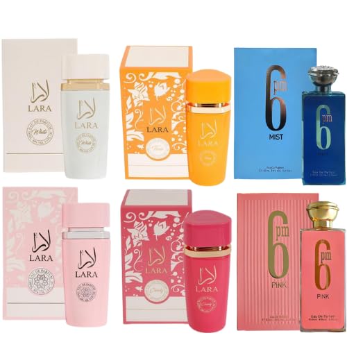 6PCS Perfume Set for Women - Floral Fragrance Gift Set with Gourmand, Vanilla, Sweet Fruity Eau De Parfume | 3.4 Fl Oz Each 6pm Pink, 6pm Mist, Lara Series Perfume for women