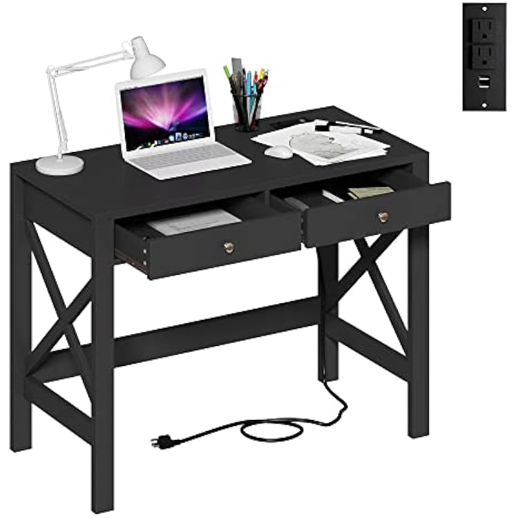 ChooChoo Computer Desk with USB Charging Ports and Power Outlets, Modern Simple 40 Inches Desk with Drawers, Makeup Vanity Console Table, Black