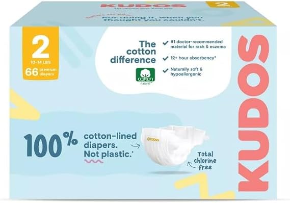 Kudos Chlorine Free Premium Diapers, 100% Cotton-Lined - Size 2-6-16 lbs - 66 Count