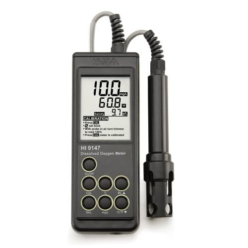 Hanna Instruments HI9147-04 Water-Resistant Dissolved Oxygen Meter, For Aquaculture, 4m Cable, 0.0 to 50.0 mgL, 0.1 mgL, -1%, 0 to 600%,5.0 to 50.0 Degree C