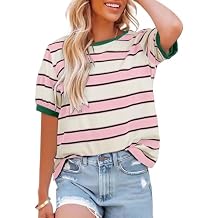 Dokotoo Womens Summer Tops 2026 Striped Color Block Short Sleeve Fashion T-Shirts Crewneck Casual Loose Basic Tee Blouses
