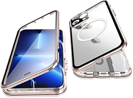 Case for iPhone 13 Pro, Jonwelsy 360 Degree Double-Sided Protection Compatible with Magsafe Magnetic Adsorption Metal Bumper Front Tempered Glass Back Frosted PC Cover for iPhone 13 Pro 6.1" (Pink)