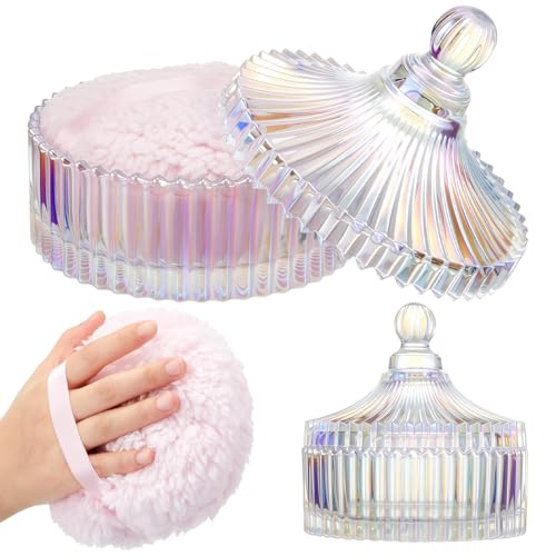 Tioncy 2 Pcs Extra Large Dusting Powder Puff and Container for Women-6 Glass Crystal Dusting Powder Container with Body Soft Washable Reusable Velour FaceDazzling,Classic