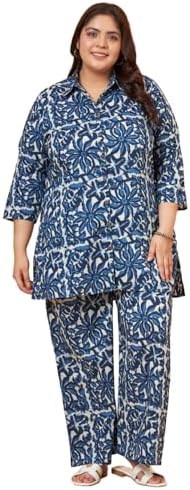 Tissu Indian Women Plus Size Pure Cotton Blue Printed Shirt Kurti with Palazzo Set