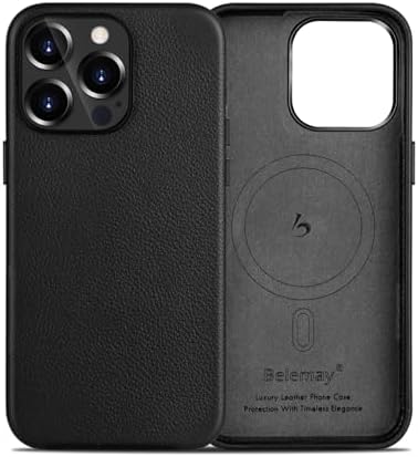 Belemay Compatible with iPhone 12 Pro Max Leather Case, Compatible with MagSafe - Luxury Tumbled Leather - Metal Buttons & Lens Protector - Slim Fit&Durable - Distinctive Texture 6.7-inch - Black