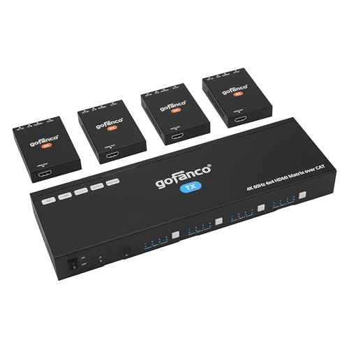 gofanco 4K 4x4 HDMI Matrix Extender Splitter 230ft CAT67 Extension, 4K 60Hz 4:4:4, HDR, HDCP 2.21.4, IR, PoC, EDID, Auto Downscale, 8 Video outputs 4 HDMI4 RX, Web GUI Matrix44HD2CAT