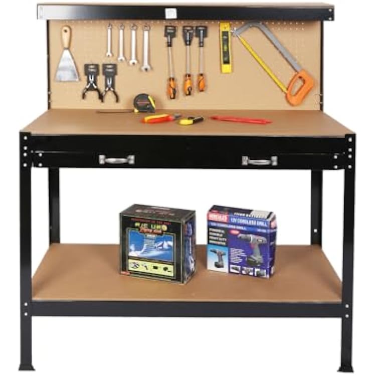 Steel Workbench Tool Storage Work Bench Workshop Tools Table WDrawer and Peg Board 63 Black  Steel  55
