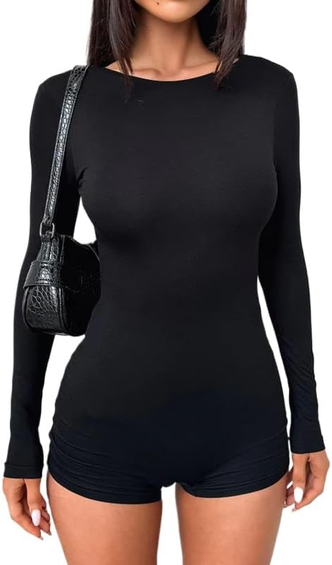 RanRui Rompers for Women Summer open back Slim-fit halter long sleeve shorts jumpsuit One Piece Jumpsuit,Yoga Rompers