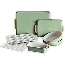 GreenPan Bakeware Set, 7 Piece Nonstick Ceramic Gold Handle Baking Sheets, Cake Pans, Loaf Pan, Muffin Tin, Cooling Rack, PFAS & BPA Free, Freezer to Oven Dish, Bake & Roast Ovenware, Sage Green