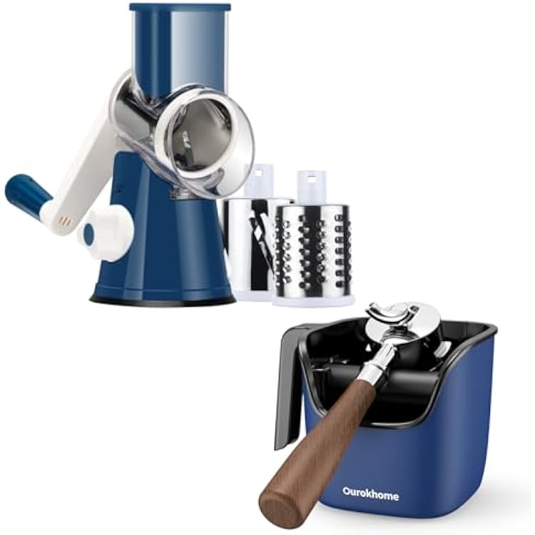 Ourokhome Rotary Cheese Grater with 3 Stainless Steel Drum Blades and Stainless Steel Espresso Knock Box with Removable Knock Bar and Lid, Espresso Accessories, Dishwasher Safe