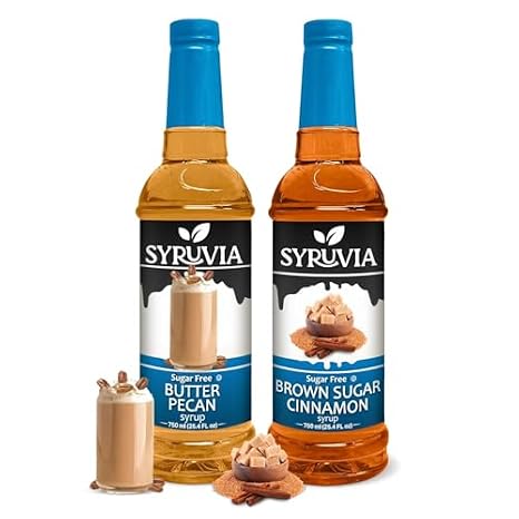 Syruvia Sugar-Free Brown Sugar Cinnamon & Butter Pecan Coffee Syrup - 25.4 fl oz Premium Coffee Flavoring Syrup. 0 Calories, Kosher and Gluten-Free. Perfect for Drinks, Sodas, Shakes, Desserts, More