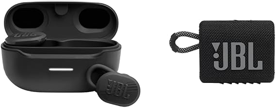JBL Endurance Race Waterproof True Wireless Active Sport Earbuds, with Microphone, 30H Battery Life (Black) & Go 3: Portable Speaker with Bluetooth - Black