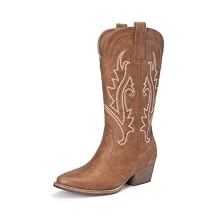 DREAM PAIRS Women's Cowboy Cowgirl Boots Embroidered Pointed Toe Low Heel Western Mid Calf Boot for Theme Party Country Concert