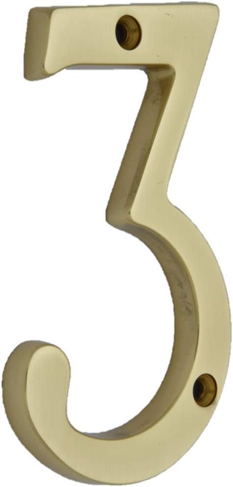 QCAA Traditional Heavy Solid Brass House Number 3, 4, Polished Brass Lacquered, 1 Pack