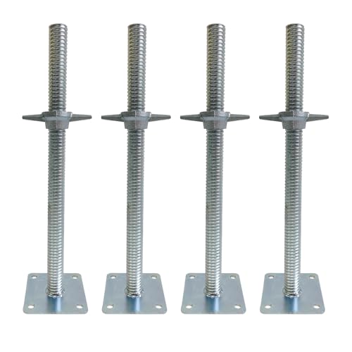 4 Pack Adjustable Leveling Jacks Feet Screw Jacks Hollow with Base Plate for Baker-Style Scaffolding Equipment, Silver