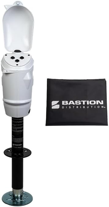 Bastion Distribution White Sentinel Pro Electric Trailer Jack 5000 lb A-Frame Tongue Jack Ball Screw, Quiet Fast Lift, Waterproof Switches, LED, Crank, 90 Degree Mount Storm Shell + Cover + Lock