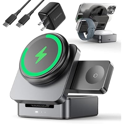 ZEEHOO 3-in-1 Foldable Magnetic Wireless Charging Station, Qi2 Certified 15W Travel Charger Stand Dock for iPhone 171615141312 Series, Apple Watch, AirPods 30W Adapter Included