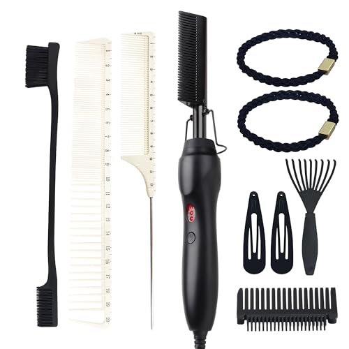 Electric Hot Comb Hair Straightener Heat Pressing Comb Curling Flat Iron Curler Hair Straightener Brush for Natural Black,Anti-Scald Beard Straightening Electric Press Comb Black-3-Gear