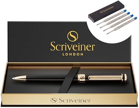 Scriveiner Black Lacquer Ballpoint Pen - Stunning Luxury Pen, Real Gold Plating, bundle Ballpoint Refill Blue Medium - 4 Ballpoint Refills in one box