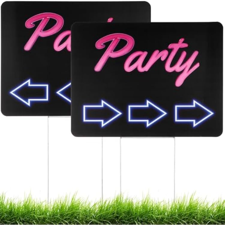 Party Signs, 2 Packs Double-Sided Party Signs 17 x 13 with Metal H Stakes, Waterproof Corrugated Plastic Birthday Party Direction Signs, This Way Arrow Yard Signs Party Signs