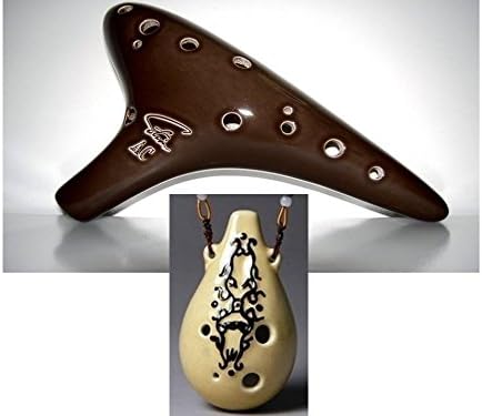 Great Deal! Focalink 12 Hole Alto C Brown Glazed Ceramic Ocarina + 6 Holes Ceramic Ocarina - Easy to Learn, Good for Beginner & Great Gift. Linn's Arts! (W/Black Sign)