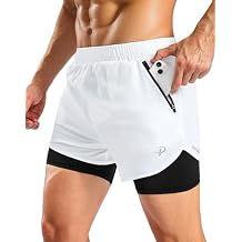 Pudolla Men's Lightweight 2 in 1 Running Shorts 5" Zipper Pockets Quick Dry Gym Workout Athletic Shorts Compression Liner