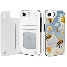 Wallet Case for iPhone 16 E, Flying Bees Daisy Honey Prints Flip PU Leather Magnetic Shockproof Phone Case Cover with Card Holder