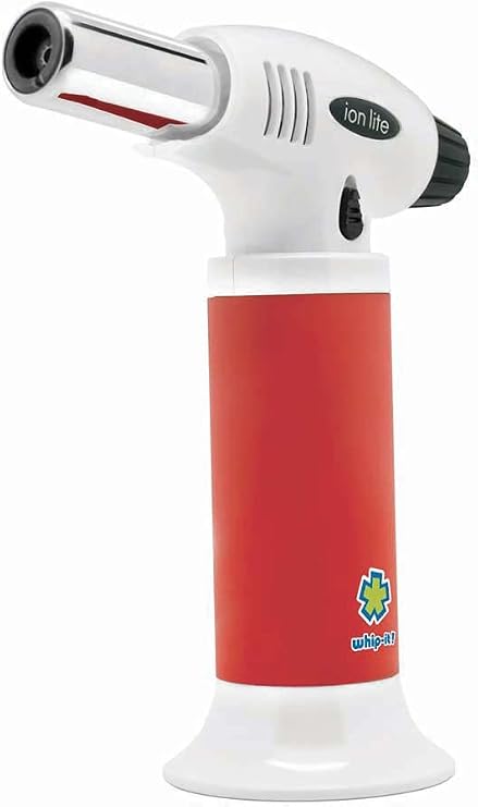 Ion Lite Torch, Red & White. Butane Torch Lighter, Refillable Cooking Torch with Adjustable Flame, Safety Lock for Soldering, Kitchen, Welding