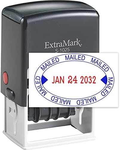 ExtraMark S-1025 Professional Self Inking Office Date Stamp with "MAILED" Phrase Style O - Blue & Red Color Ink
