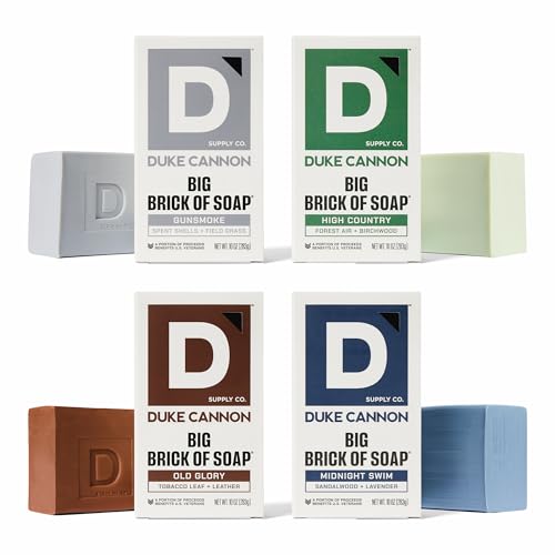 Duke Cannon Supply Co. Big Brick of Soap Bar, Frontier 40 - Fresh Cut Pine, Leaf & Leather, Campfire & Midnight Swim, Extra Large, Masculine Scents, 10 oz. Variety, 4 Pack