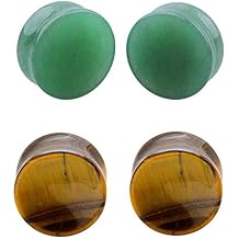 Kokoma 2Pairs Tiger Eyes & Green Jade Ear Plugs Natural Stone Gauges Tunnel Expanders Double Flared Body Piercings
