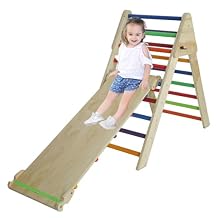 Triangle Ladder with Ramp and Slide, Wooden Foldable 2-in-1 Climbing for Kids 1-7 y.o. (Multicolor)