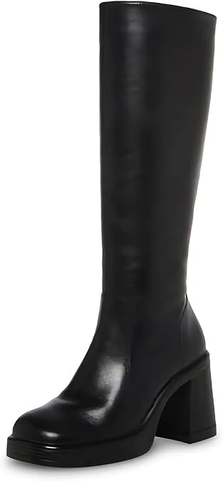 SOVANYOU Black Leather Boots Platform Boots for Women Fashion Square Toe Chunky Block Heeled Boots Side Zip